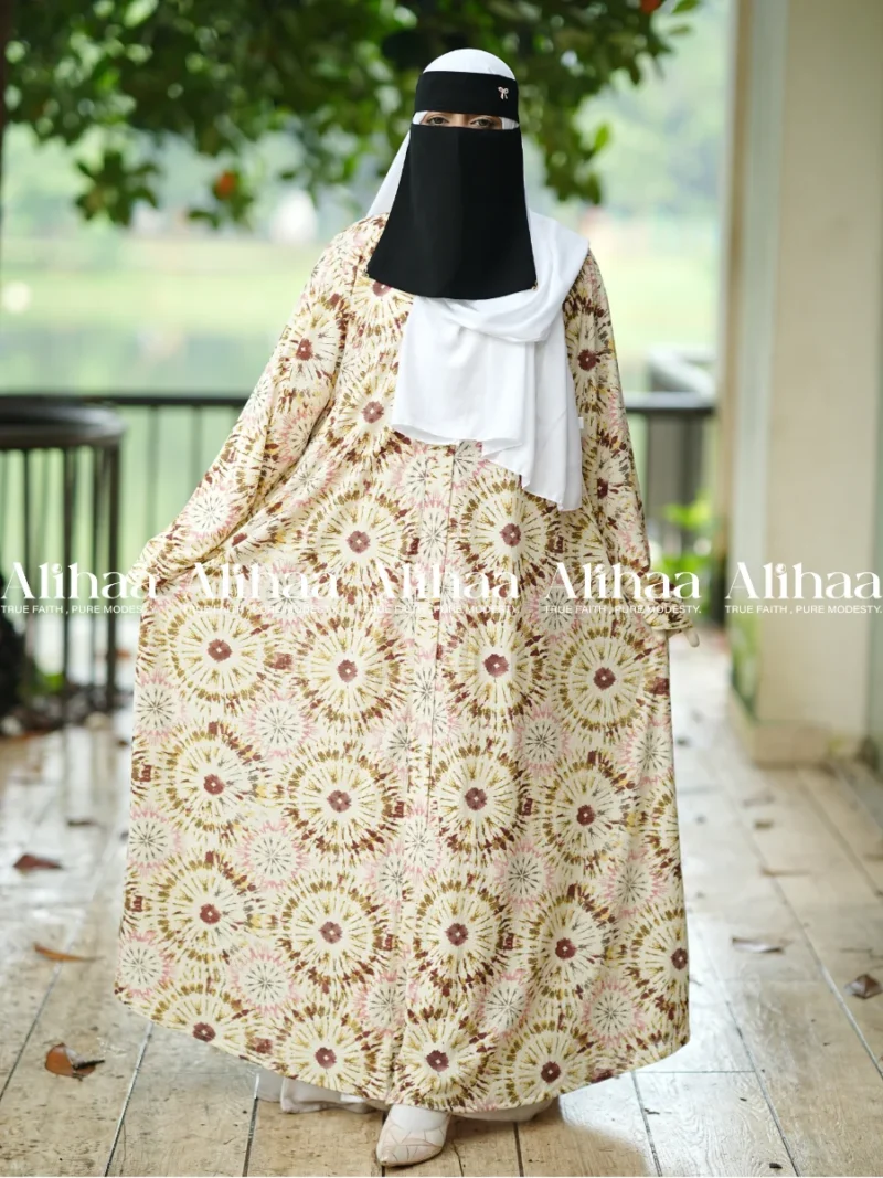 Cream Beige Floral Printed Abaya for Muslim Women