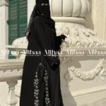 Jet Black Silver Floral Karchupi Abaya for Muslim Women
