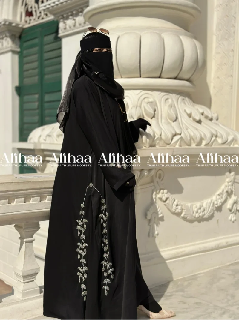 Jet Black Silver Floral Karchupi Abaya for Muslim Women