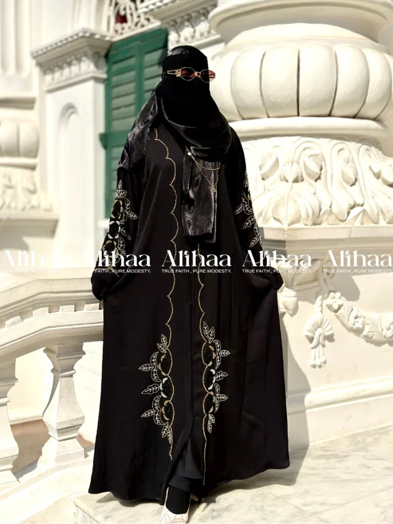Royal Black Gold Floral Karchupi Abaya for Muslim Women