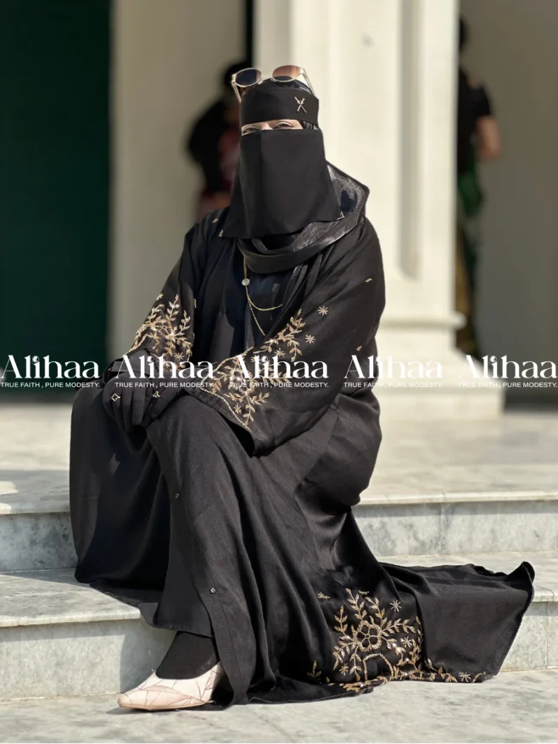 Midnight Black Bronze Floral Karchupi Abaya for Muslim Women