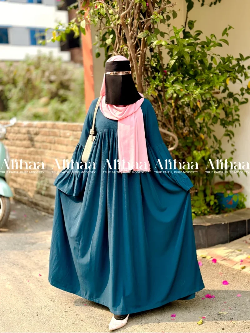 Deep Teal Blue Saudi Crinkle Crape Abaya for Muslim Women
