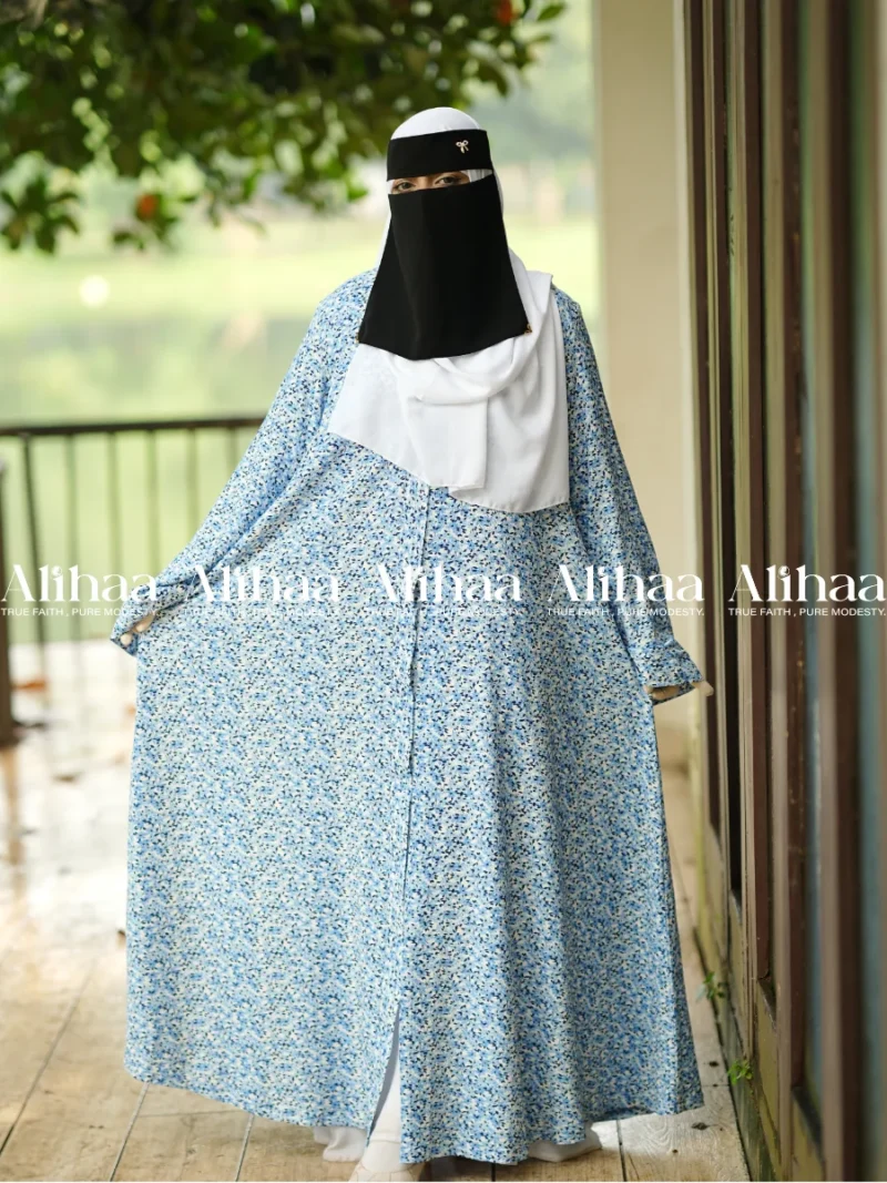 Sky Blue Floral Printed Abaya for Muslim Women