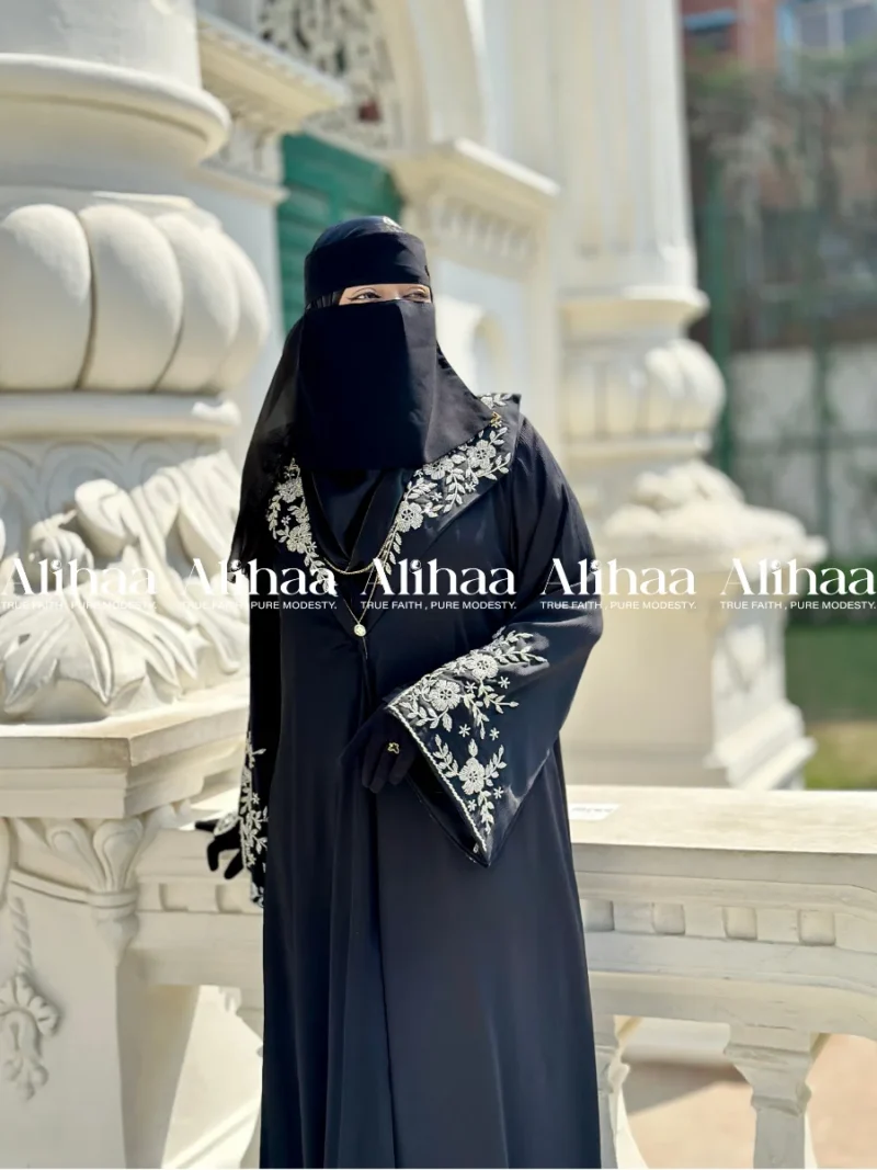 Midnight Black Silver Floral Karchupi Abaya for Muslim Women